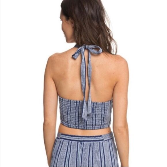 Roxy Blue Striped Cutout Cropped Halter Top - Picture 3 of 10